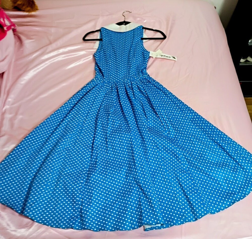NWT Tatyana Boutique Malibu Dress XS Blue White Polka Dot Vintage Swing Rockabil
